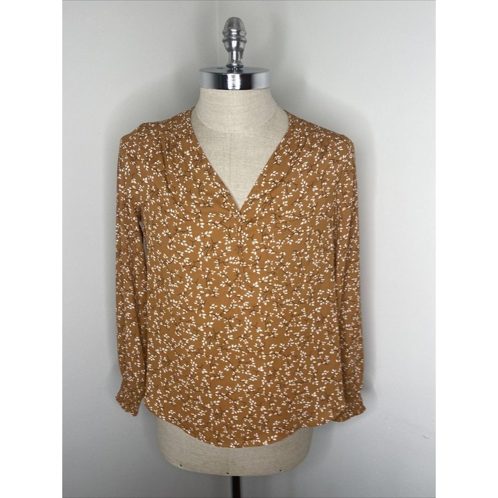 New Nordstrom Pleione Floral Blouse Size S Rust Mustard Yellow V Neck